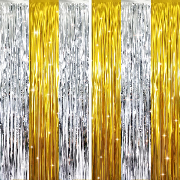 GOER 6.4 Ft X 8.2 Ft Metallic Tinsel Foil Fringe Curtains Party Backdrop Party Streamers for Birthday,Graduation,New Year Eve Decorations Wedding Decor (2 Pcs,Gold&Silver)