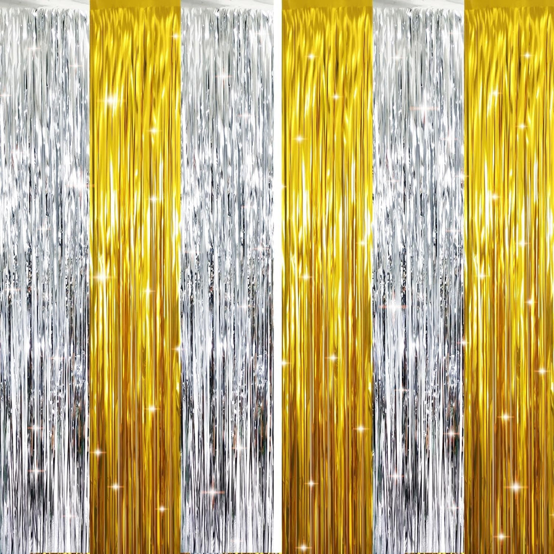 GOER 6.4 Ft X 8.2 Ft Metallic Tinsel Foil Fringe Curtains Party Backdrop Party Streamers for Birthday,Graduation,New Year Eve Decorations Wedding Decor (2 Pcs,Gold&Silver)