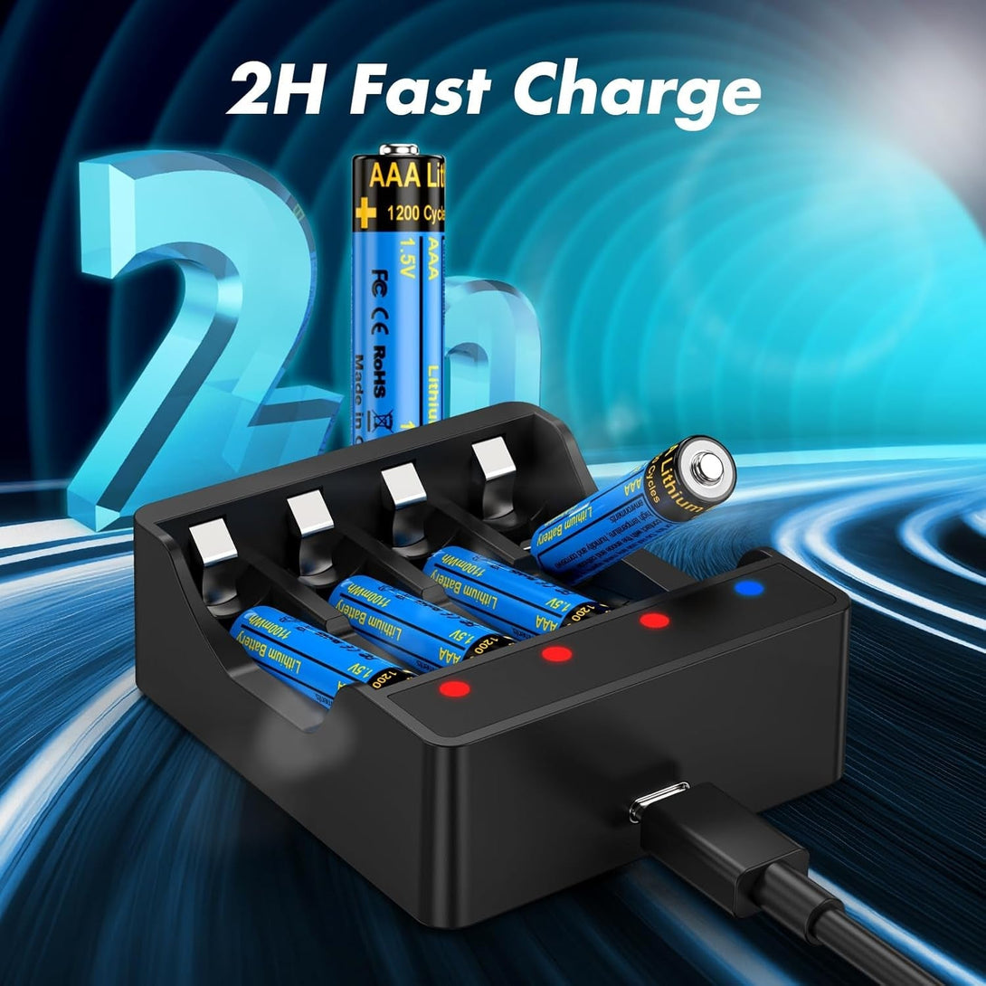 Battery Charger with 8 Pack Rechargeable AAA Lithium Batteries,1.5V 3000Mwh Lithium Rechargeable Battery with AA/AAA Charger for Electric Toys, Remote,Flashlight,Electronic Scale Etc.