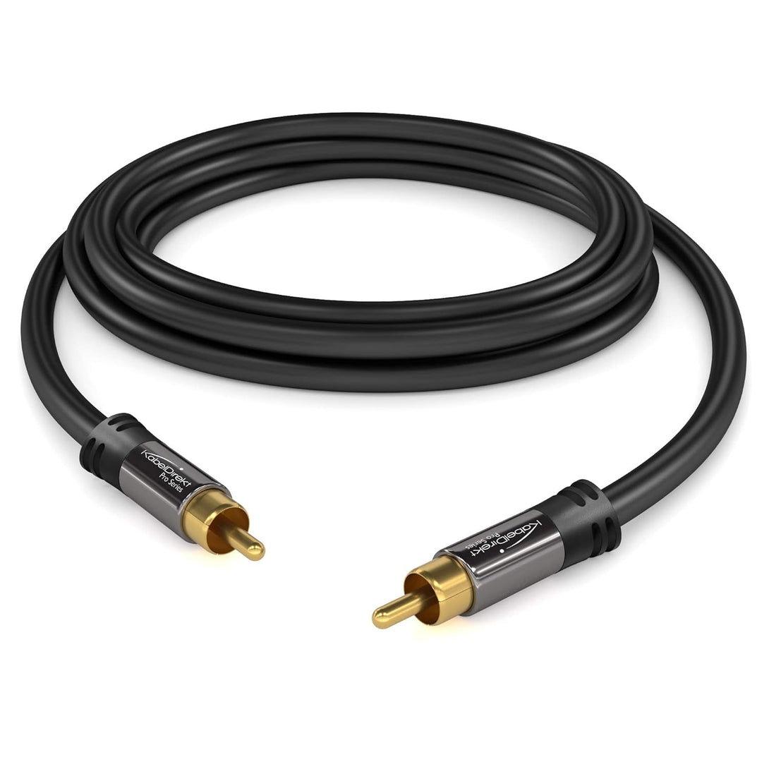 Kabeldirekt – 25Ft Long – Rca/Phono Subwoofer Lead Cable, 1 to 1 Rca/Phono, Audio/Digital/Video (Coax, Male/Male Plugs, for Amps/Hi-Fis, Audio Signals/Composite Video, 75 Ohm, Black)