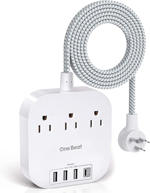 One Beat Power Strip with USB C, 3 Outlets 4 USB Ports (22.5W/4.5A) Desktop Charging Station, Flat Plug, 5Ft Braided Extension Cord, Non Surge Protector for Travel, Cruise Ship, ETL Listed