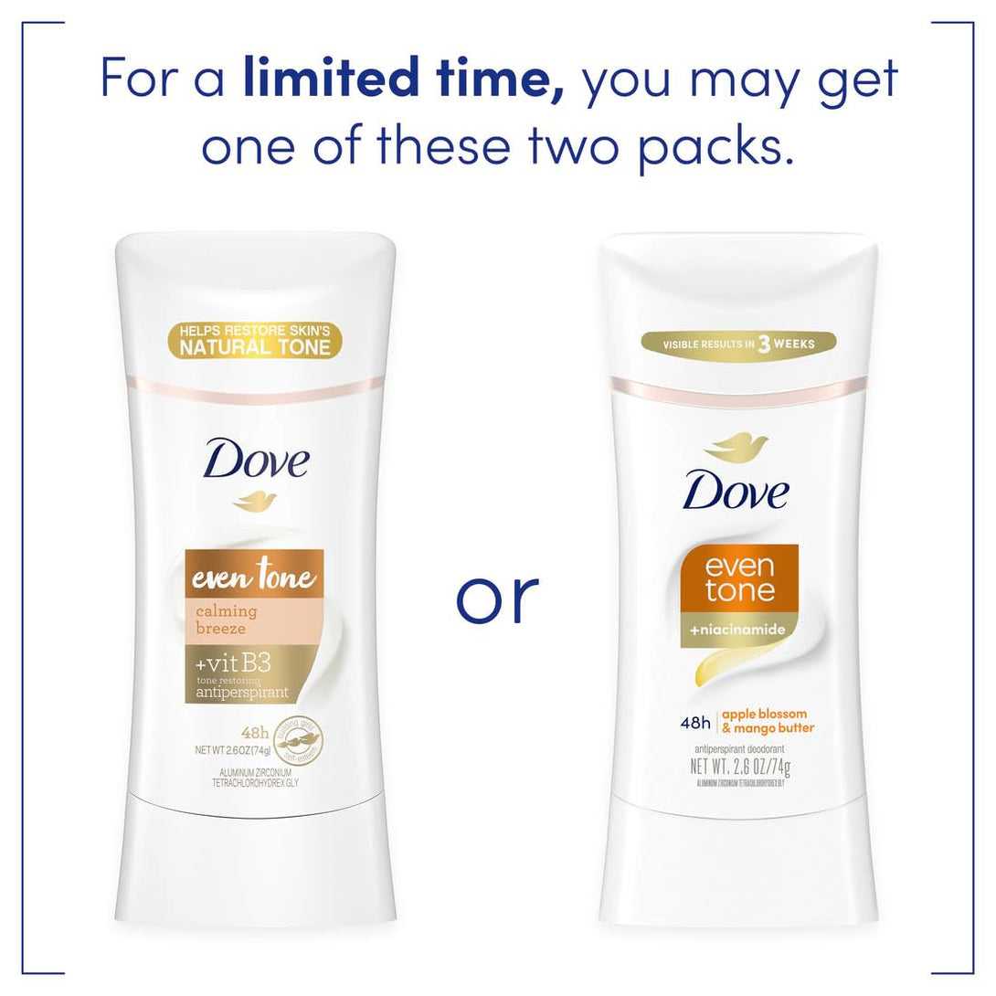 Dove Even Tone Antiperspirant Deodorant Stick Apple Blossom & Mango Butter 3 Count for Uneven Skin Tone 2.6 Oz