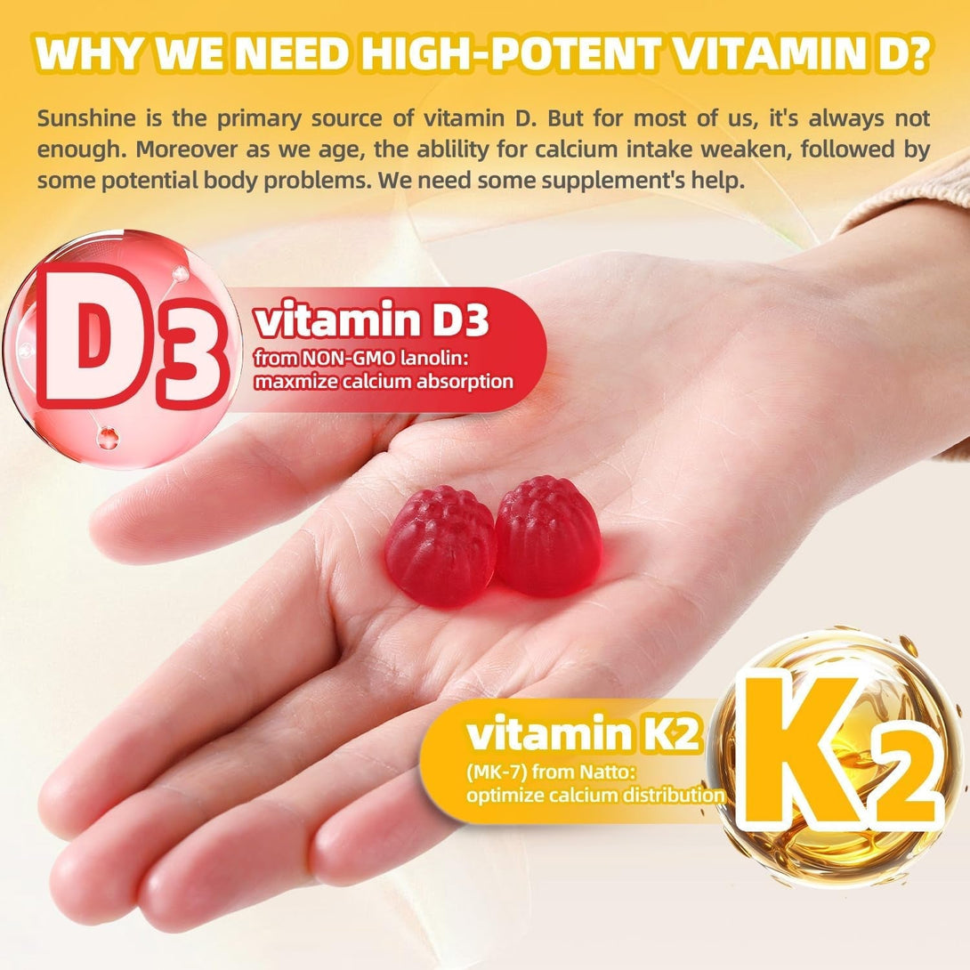 D3 K2 Vitamin 9000 IU Supplement Gummies for Women Adult Muscle Teeth Immune Support Sugar Free 90 Counts, Peach Flavor