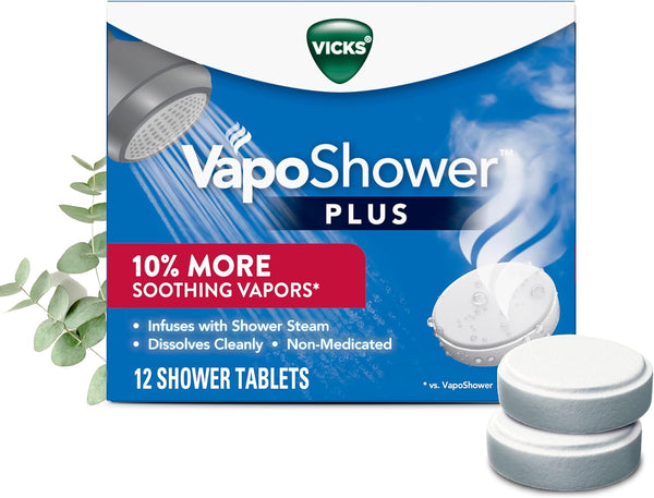 Vicks, Vaposhower Plus, Shower Steamers, Eucalyptus Shower Steamer & Menthol Scent, Clean Dissolving Vapor Shower Tablets, Aromatherapy Shower Steamer & Shower Bombs, 12 Count