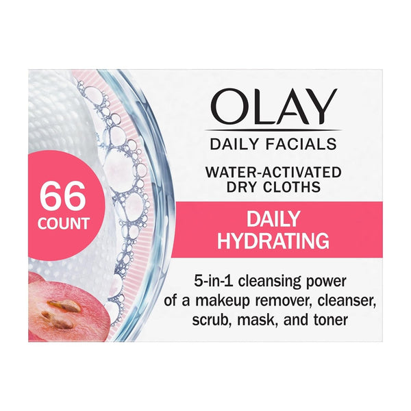 Olay Daily Facials, Daily Clean Makeup Removing Facial Cleansing Wipes, 5-In-1 Water Activated Cloths, Exfoliates, Tones and Hydrates Skin, 66 Count