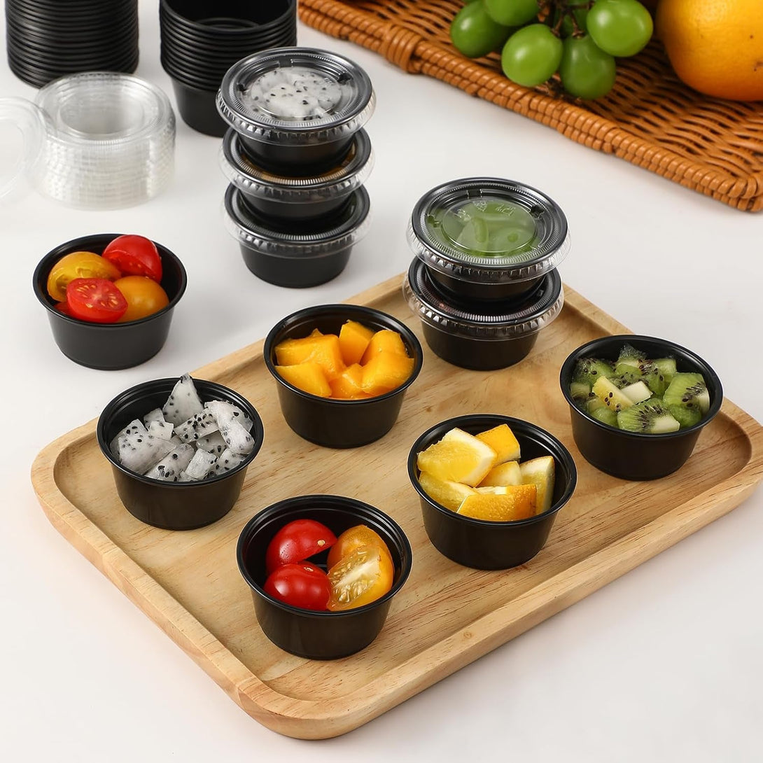 AOZITA 200-2 Oz Black Jello Shot Cups, Portion Cups, Small Plastic Containers with Lids, Airtight Souffle Cups, Salad Dressing Container, Sauce Cups, Condiment Cups for Lunch, Party to Go, Trips