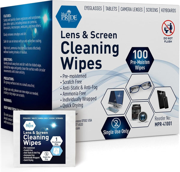 MED PRIDE 100 Pre-Moistened Anti-Fog Lens and Screen Cleaning Wipes for Eyeglasses, Touchscreens, Camera Lenses; Quick-Dry, Scratch-Free, Individually Wrapped