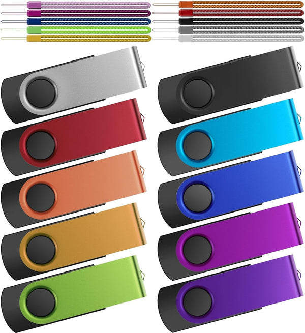 Kepmem Thumb Drive 16GB 10 Pack USB Flash Drives Bulk, Metal Swivel USB 2.0 Memory Stick Colorful Jump Drive Portable 16 GB Zip Drive with Multicolor Lanyards for Data Storage and Transfer