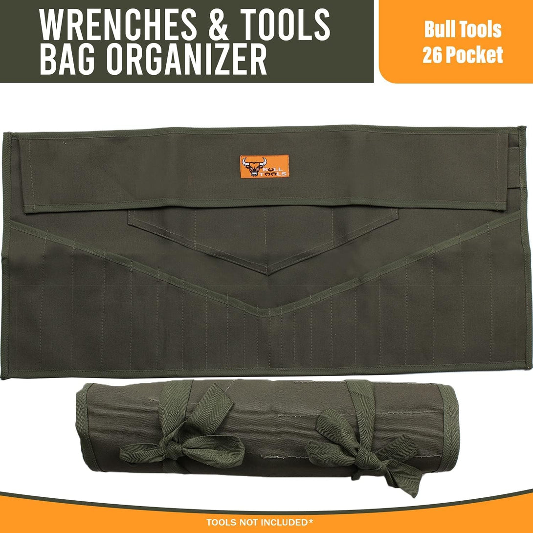 26-Pocket Wrench Tool Roll Organizer, Roll-Up Pouch Metric & SAE, Heavy-Duty 100% Cotton Duck Canvas Portable Tools Storage for Mechanics & Diyers - Olive Drab (Tools Not Included)