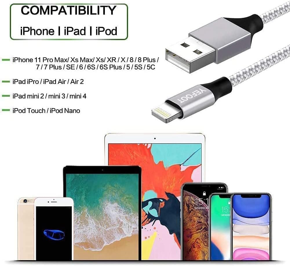 [Apple Mfi Certified] 6Pack(3/3/6/6/6/10Ft) Iphone Charger Nylon Braided Fast Charging Lightning Cable Compatible Iphone 14Pro/14/13Pro/13/12Pro/12/11And More-Silver&White