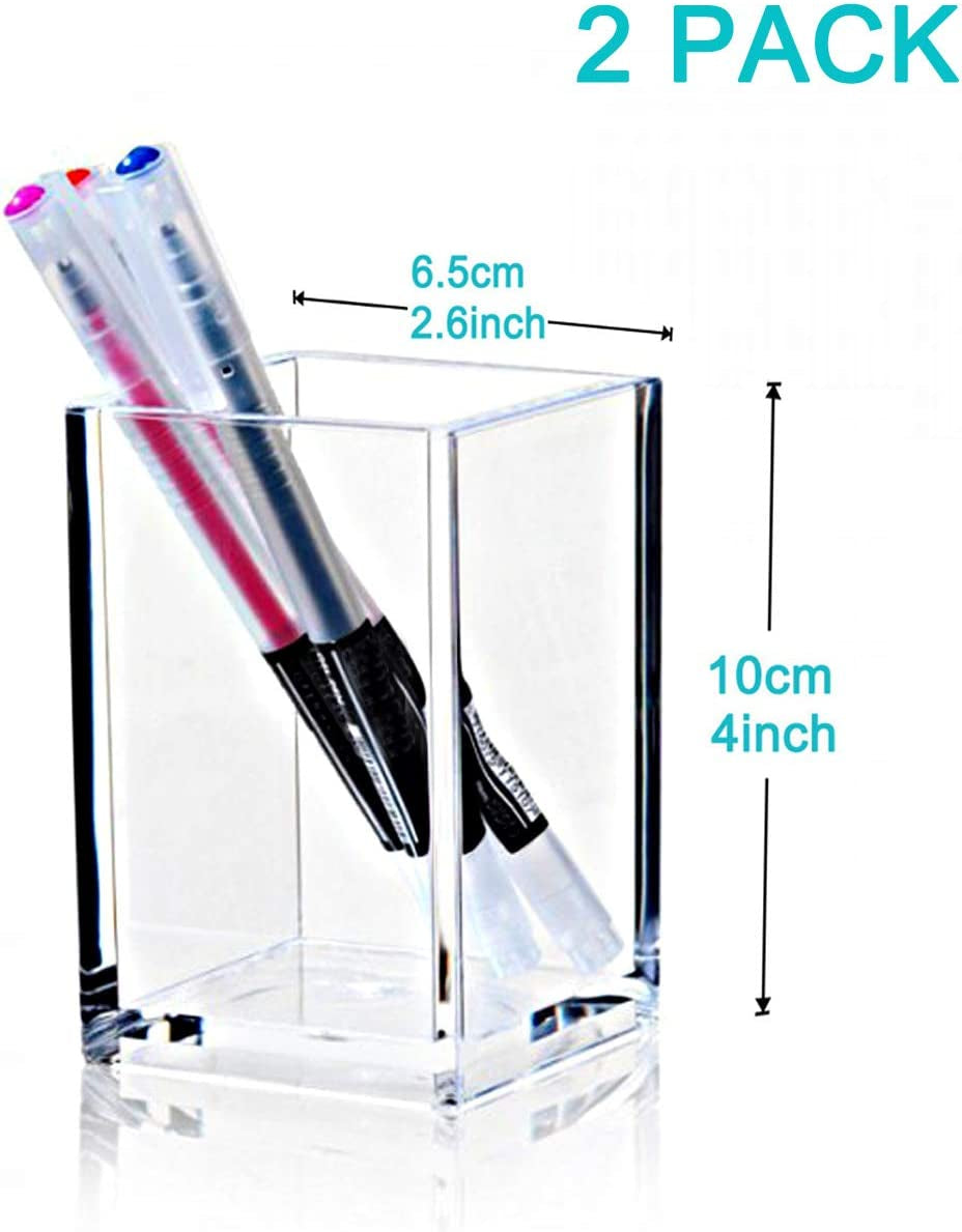 2 Pack Clear Acrylic Pencil Pen Holder Cup,Desk Accessories Holder,Makeup Brush Storage Organizer,Modern Design Desktop Stationery Organizer for Office School Home Supplies,2.6X 2.6X 4 Inches
