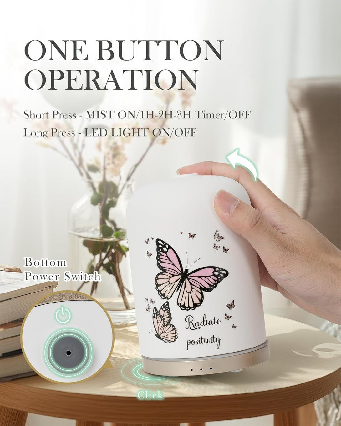 110ML Essential Oil Diffuser, Ceramic Diffusers for Essential Oils Large Room, Fragrance Aroma Diffuser with USB Cable, Warm Night Light and Auto-Off for Home Office Yoga Pilates,Butterflies