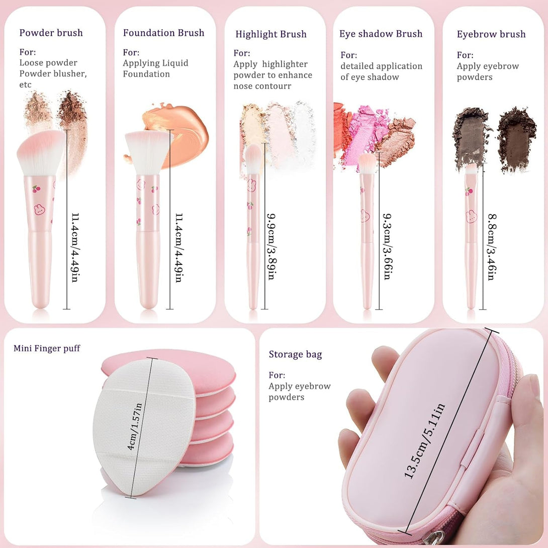 5Pcs Pink Printed Travel Makeup Brushes with Bag and 5Pcs Finger Puff Cosmetic Tool Kit Soft Synthetic Fiber for Foundation, Powder, Brush, Eye Shadow, Eyebrow Powder Gift for Women/Girls/Kids