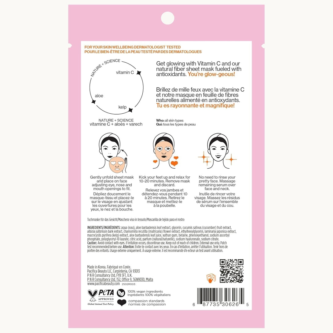 Pacifica Sheet Face Mask - Glow Baby Brightening Facial Mask W/Vitamin C, Aloe & Kelp – Cooling Mask for Dark Spots & Fine Lines - Clean Beauty Vegan & Cruelty-Free Dermatologist Tested