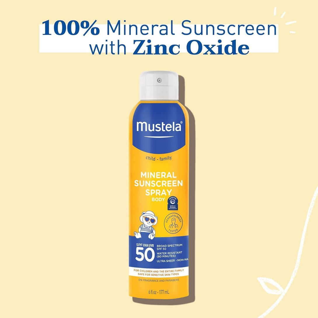 Mustela Baby Mineral Sunscreen Spray SPF 50 Broad Spectrum - Body Sun Spray for Sensitive Skin - Water Resistant & Fragrance Free - 6 Fl.Oz.