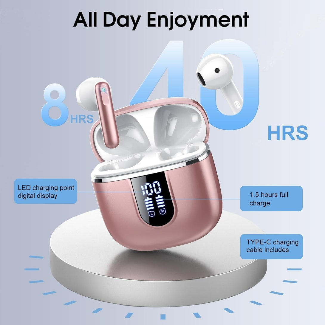 Wireless Earbuds, 2025 Bluetooth 5.4 Headphones in Ear Buds 3D Bass Stereo, 40H Ultralight Bluetooth Earbuds with 4 ENC Noise Cancelling Mic, IP7 Waterproof Earphones for Android Ios Pad, Rose Gold
