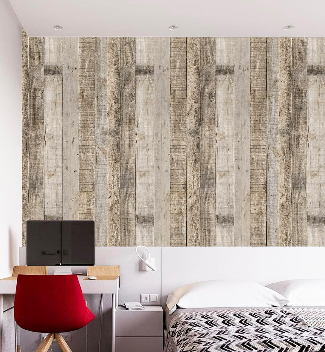Anmon Peel and Stick Wallpaper Wood Contact Paper, Light Gray Wood Plank Wallpaper 17.7“ X 118”, Shiplap Wall Paper Peel and Stick for Cabinets, Rustic Bathroom Removable Modern Decorative
