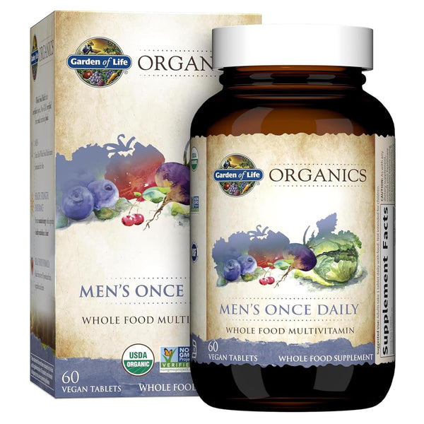 Garden of Life Organics Men'S Once Daily Whole Food Multivitamin - 60 Tablets, Vegan Mens Multi for Health & Well-Being, Organic Mens Vitamins & Minerals, Vitamin C, Zinc