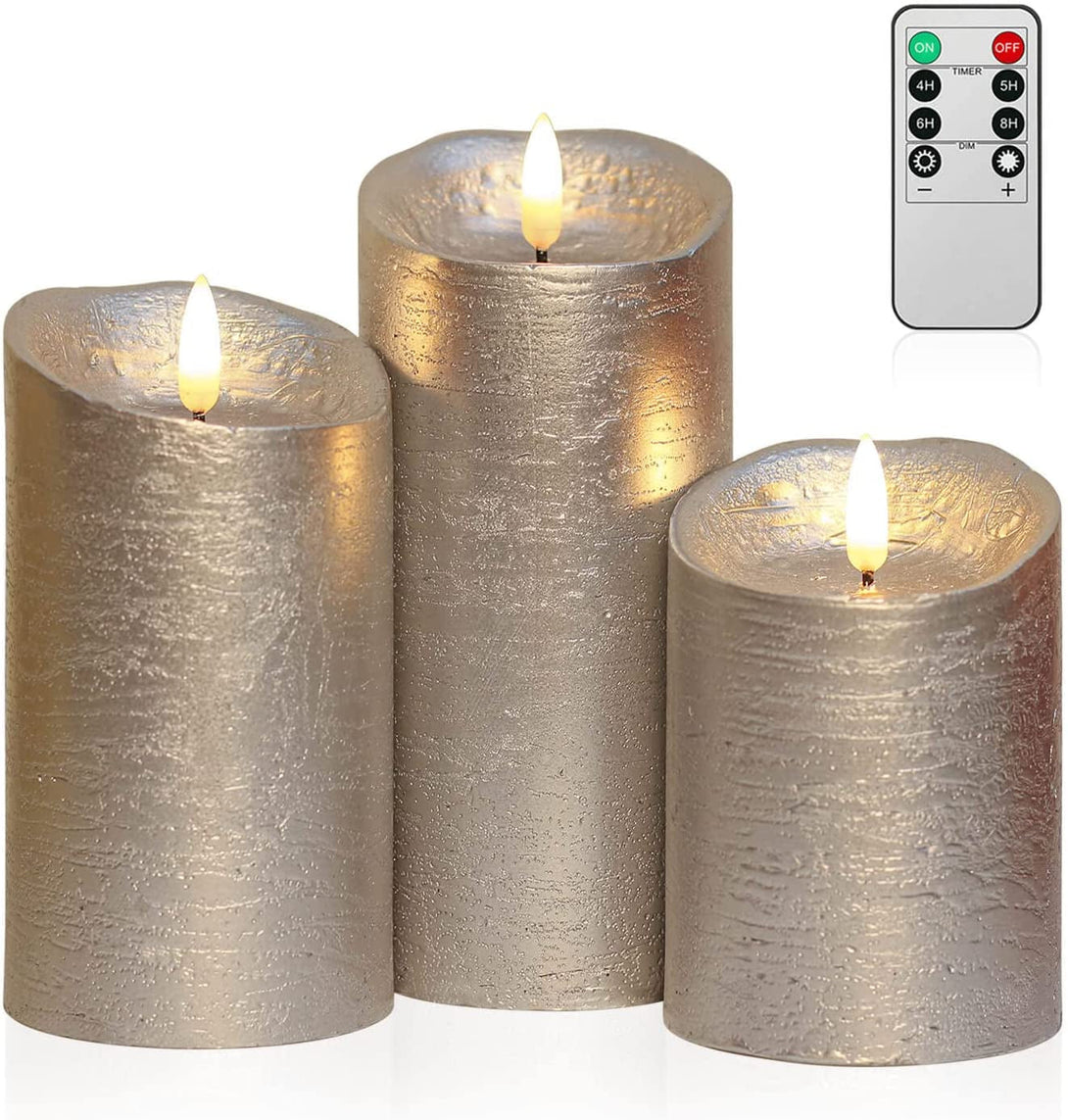 ANGELLOONG Battery Operated Candles with Remote, Real Wax Flickering Flameless Candles with Timer, Set of 3 Electric LED Candles for Valentines Wedding Holiday Party Home Decor, Silver