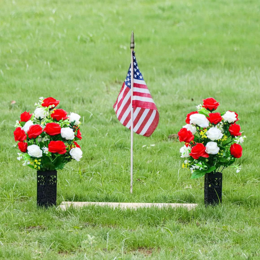 2 Sets Artificial Cemetery Flowers,Memorial Flowers,Beautiful Arrangements for Headstones,Black Plastic Vase with Drainage Hole Long Spikes Outdoor Memorials (Red and White)…