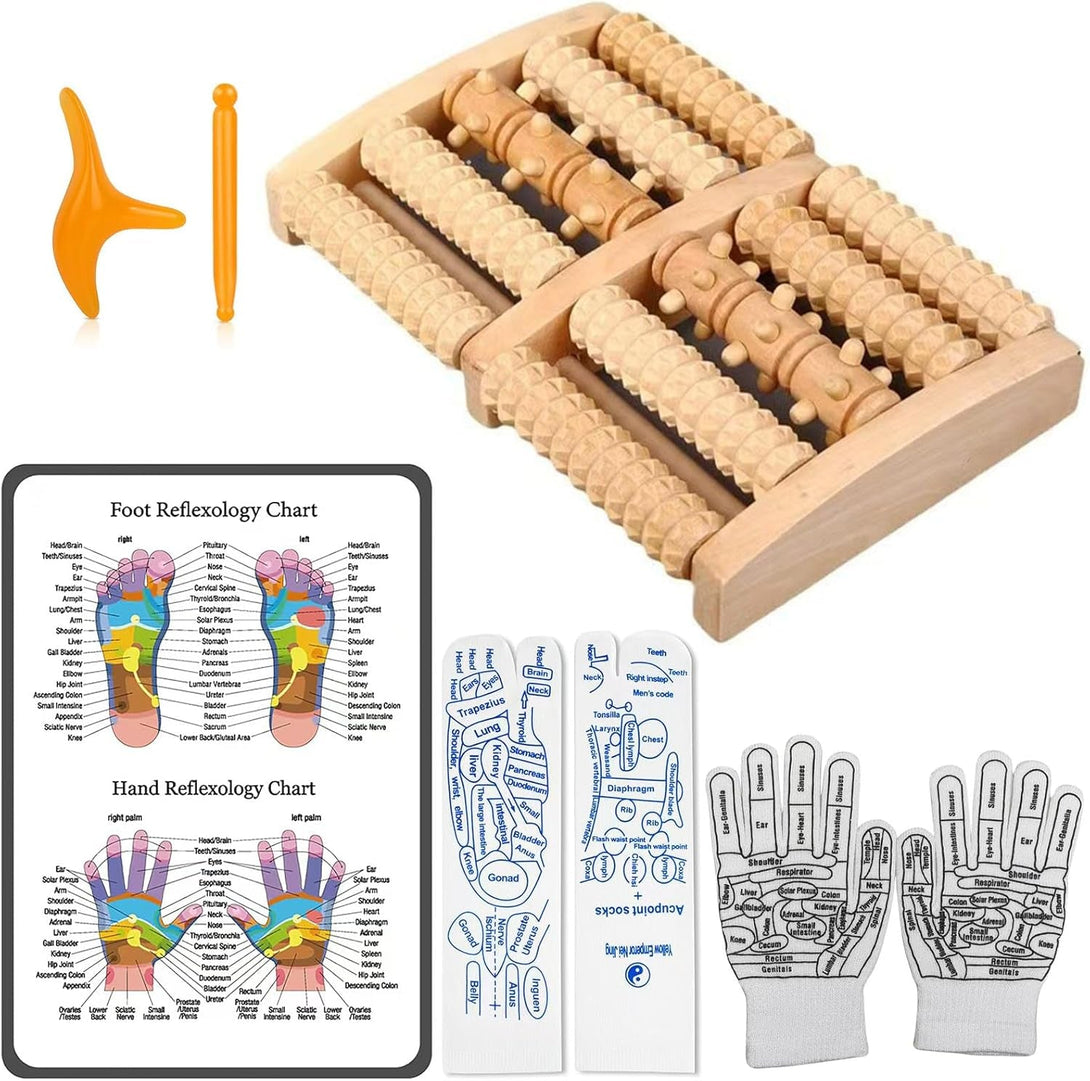 Reflexology Socks with Gloves Tools Set - Acupressure Foot Massager & Wooden Roller to Enhance Circulation, Relieve Pain in Wide Feet,Promote Health, Gift for Mom, Dad, or Elderly