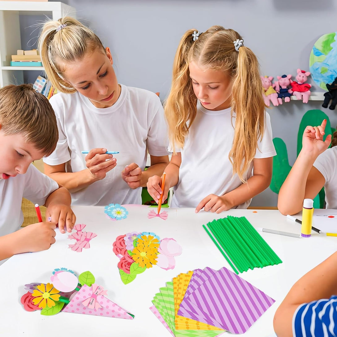 24 Pcs Flower Bouquet Craft Kit Make Your Own Flower Bouquets DIY Mother'S Day Gift Floral Bouquet School Classroom Home Fun Activities with Straw and Floral Paper for Teacher Appreciation Week Gifts