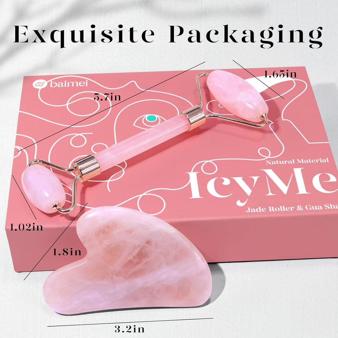 BAIMEI Icyme Jade Roller & Gua Sha, Face Roller Redness Reducing Skin Care Tools, Self Care Pink Gift for Men Women, Massager for Face, Eyes, Neck, Relieve Fine Lines and Wrinkles - Rose Quartz