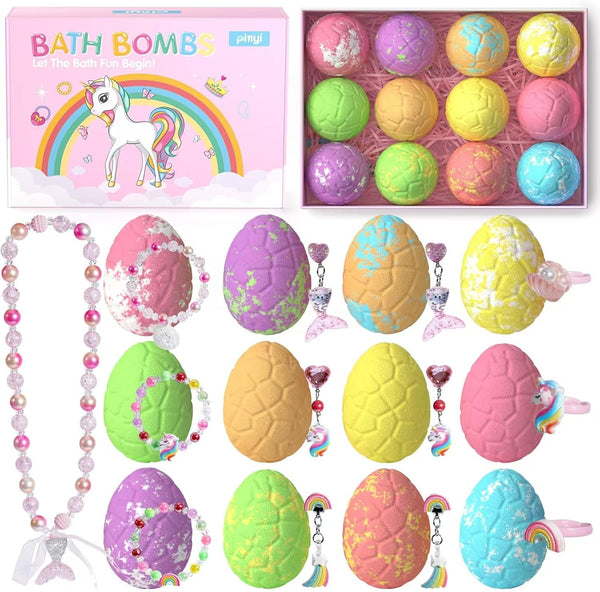 Kids Bath Bombs for Girls with Toys Inside, 12+1 Pack Unicorn Bath Bombs with Surprise Jewelry for Kids, Princess Girls Bathbombs with Mermaid Necklace 3 4 Year Old Girl Birthday Easter Gifts