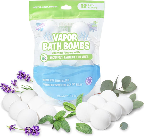 Tub Works® Vapor Bath Bombs for Toddlers & Kids, 12 Pack | Natural Essential Oils for Aromatherapy | Calming Eucalyptus Bath Bomb with Lavender & Menthol for Cold, Flu & Congestion Relief