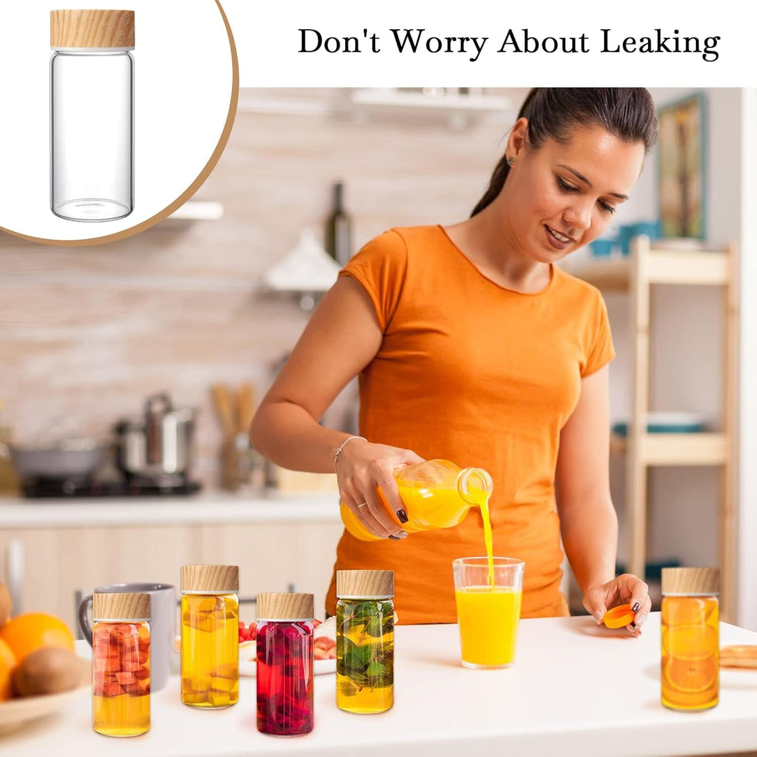 Nuogo 6 Pack Glass Bottles with Lids 12 Oz Juicing Bottles Reusable Wide Mouth Glass Cups Airtight Leak Proof Drinking Milk Water Tea Cups for Storage(Wood)