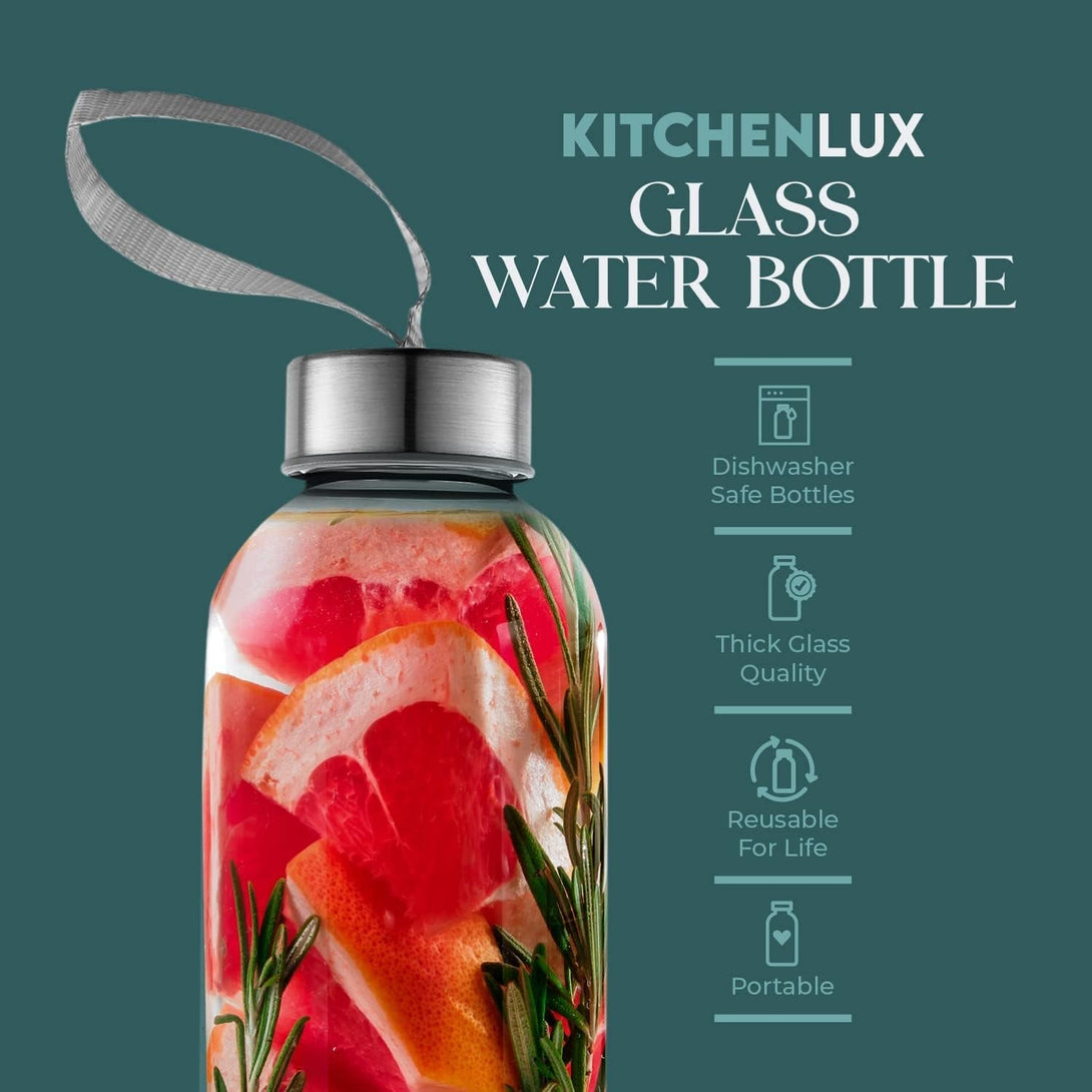 16 Ounce Glass Water Bottles, Reusable Water Bottles with Airtight, Pack of 6, Stainless Steel Lids Carrying Strap and Nylon Water Bottle Protective Sleeves for Hot or Cold Drinks