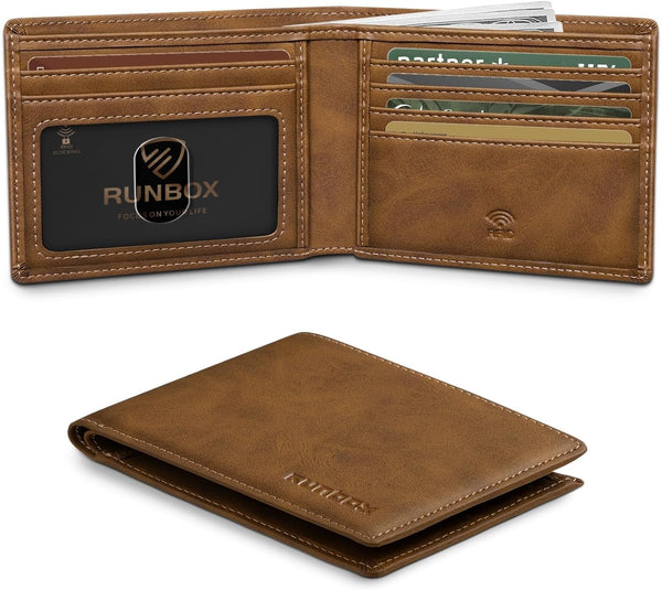 RUNBOX Wallet for Men,Mens Wallet,Slim Leather Bifold,Rfid Blocking 8 Slots Gift Box