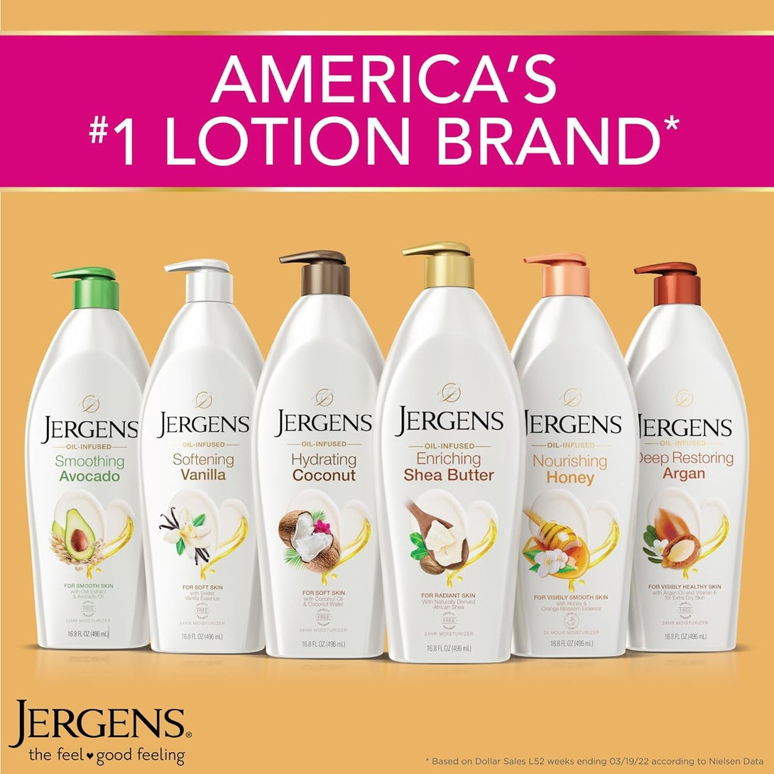 Jergens Deep Restoring Argan Oil Moisturizer, Soothing Body and Hand Lotion with Reviving Argan Oil and Vitamin E, Oil-Infused, Dermatologist Tested, 16.8 Oz