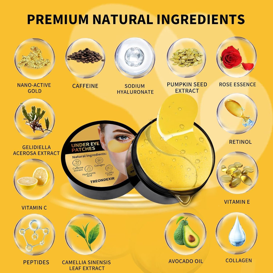 24K Gold Eye Masks for Dark Circles and Puffiness 70PCS, under Eye Patches Gel Pads for Puffy Eyes Treatment W/Collagen, Caffeine, Peptides for Eye Bags Treatment, Gel Eye Mask Skincare