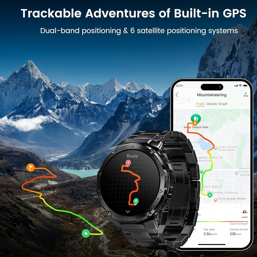 Smart Watches for Men GPS, Pressure,Altitude,Compass, 480Mah Extra-Large Battery, 50M Waterproof, Full Metal Body Rugged Smartwatch, Answer/Make Call,1.43" AMOLED Display(2 Bands)