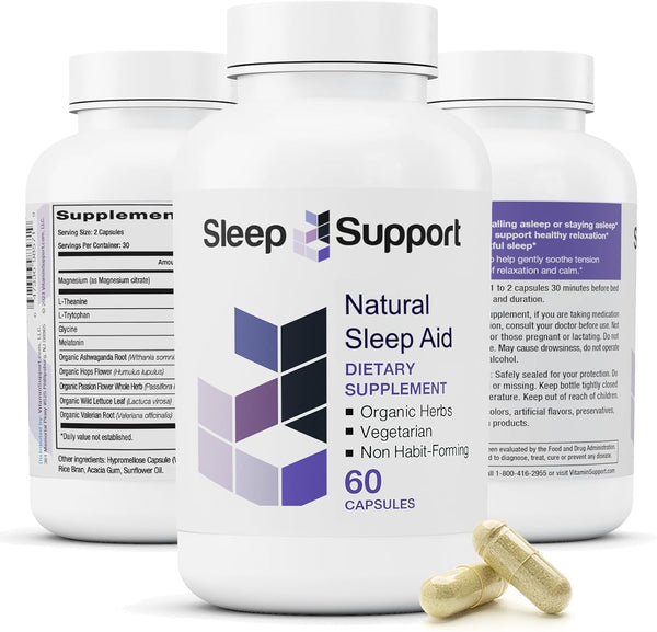 Sleepsupport - Natural Sleep Aid for Adults to Help Promote Calm and Relaxation - Organic Sleep Supplement with Ashwagandha, Valerian Root, Magnesium, Melatonin, Glycine, L-Tryptophan - 60 Capsules