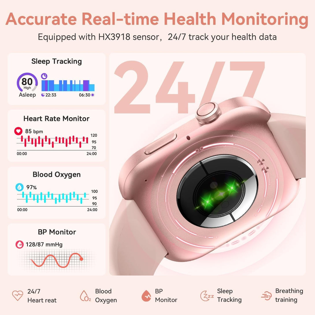 ENOMIR Smart Watch for Women Iphone & Android,1.99"" AMOLDE Screen 3ATM Waterproof Fitness Watch with Answer/Make Call AI Voice,24H-Heart Rate/Spo2/Bp Monitor/Sleep Monitor,100+ Sports Modes, Pink