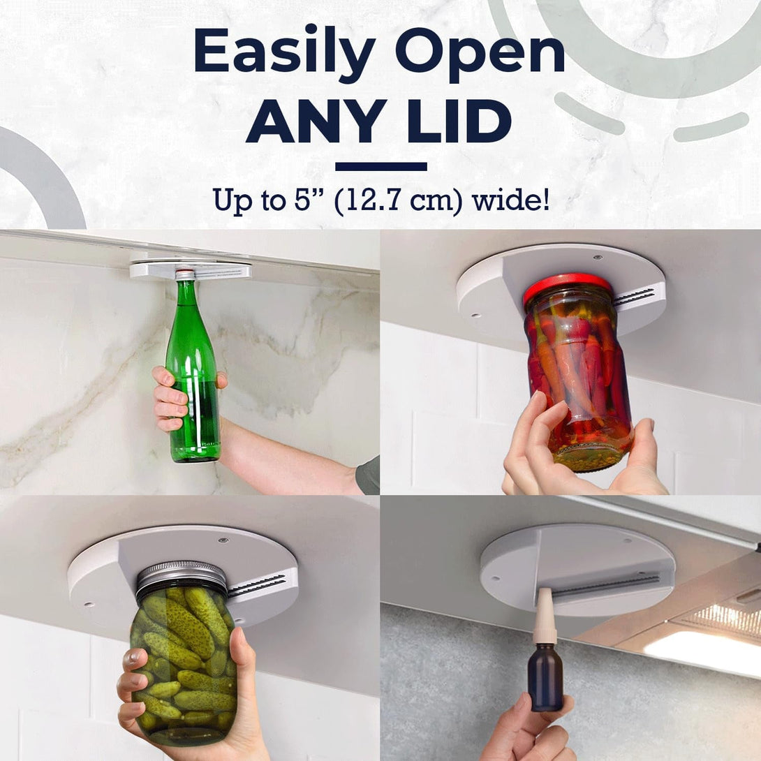 EZ off Jar Opener for Seniors - under Cabinet Jar Openers for Weak Hands, Easy Grip, Arthritis Jar Opener, One Handed Gadgets & Bottle Opener - Essential Kitchen Gadgets for Home Assistance - White