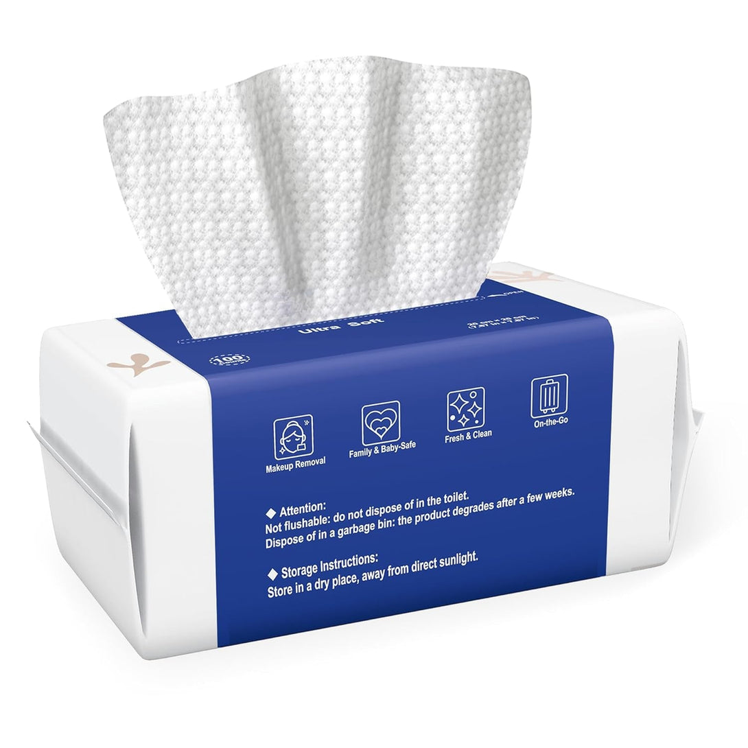 Ourmed Life Face Towels, Disposable Biodegradable Clean Facial Towels for Sensitive Skin, Lint- Free Face Cloths for Makeup Remover, Skincare and Women Cleaning, Dry Wipes,100 Count Dot Texture