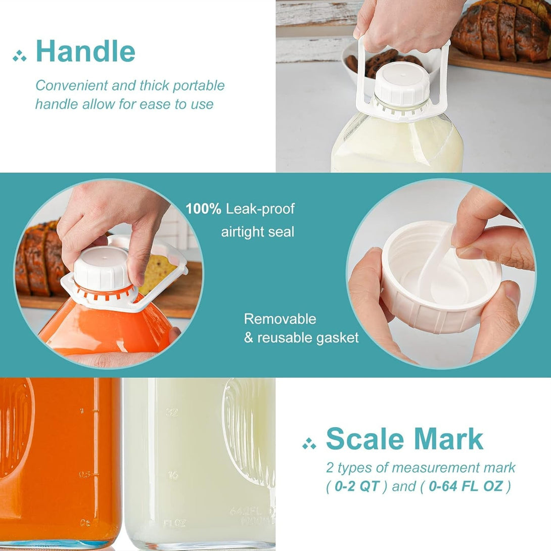 2 Pack 64 Oz Heavy Duty Glass Milk Bottle with Dispenser Cap and Reusable Airtight SCREW LID, 2 Qt Glass Water Bottle with 2 Exact Scale Lines - Milk Jug Pitcher - 1/2 Gal Juice Bottles