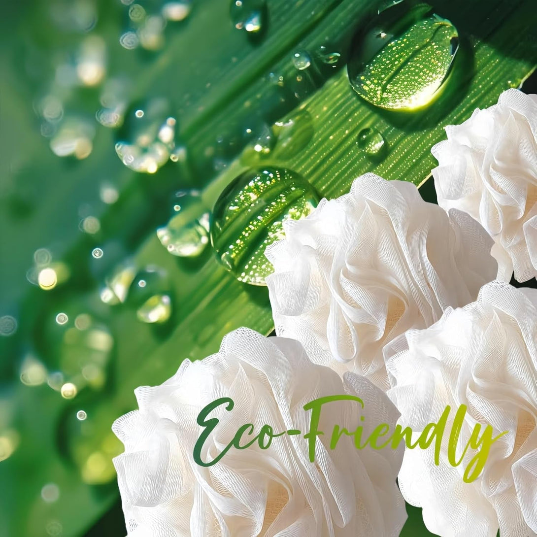 Loofah-Bath Sponge Set-Large, 4 Pack Bath Scrubbers, Soft Mesh White Puff-Cleansing Body Scrub for Men and Women: Skin Soothing Exfoliation Tools (Elegant White-60G)