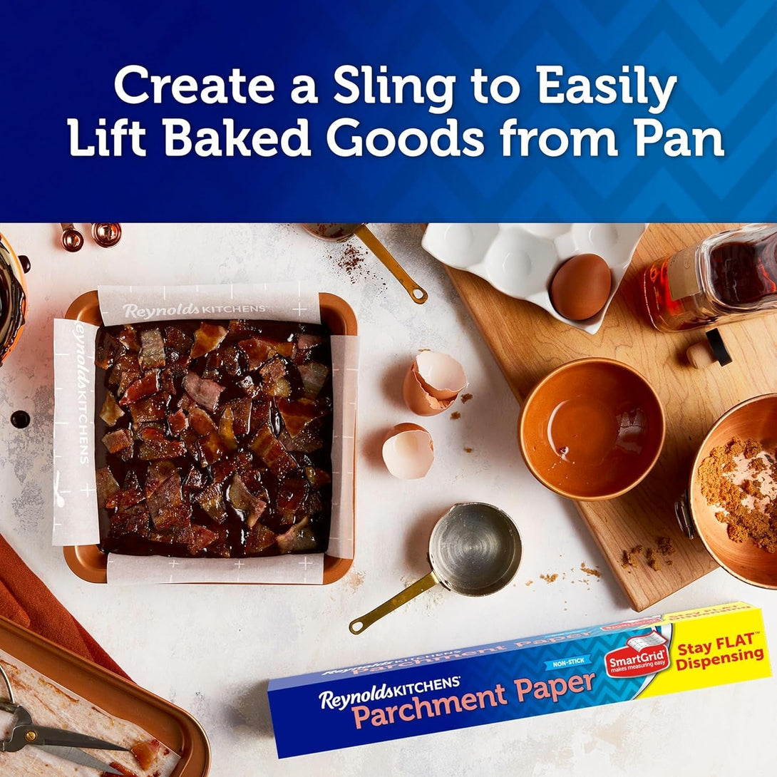 Reynolds Kitchens Stay Flat Dispensing Parchment Paper for Baking and Roasting, Parchment Paper Roll, Great for Baking and Rolling Dough, Non-Stick, Reusable up to 3X, 45 Sq. Ft.