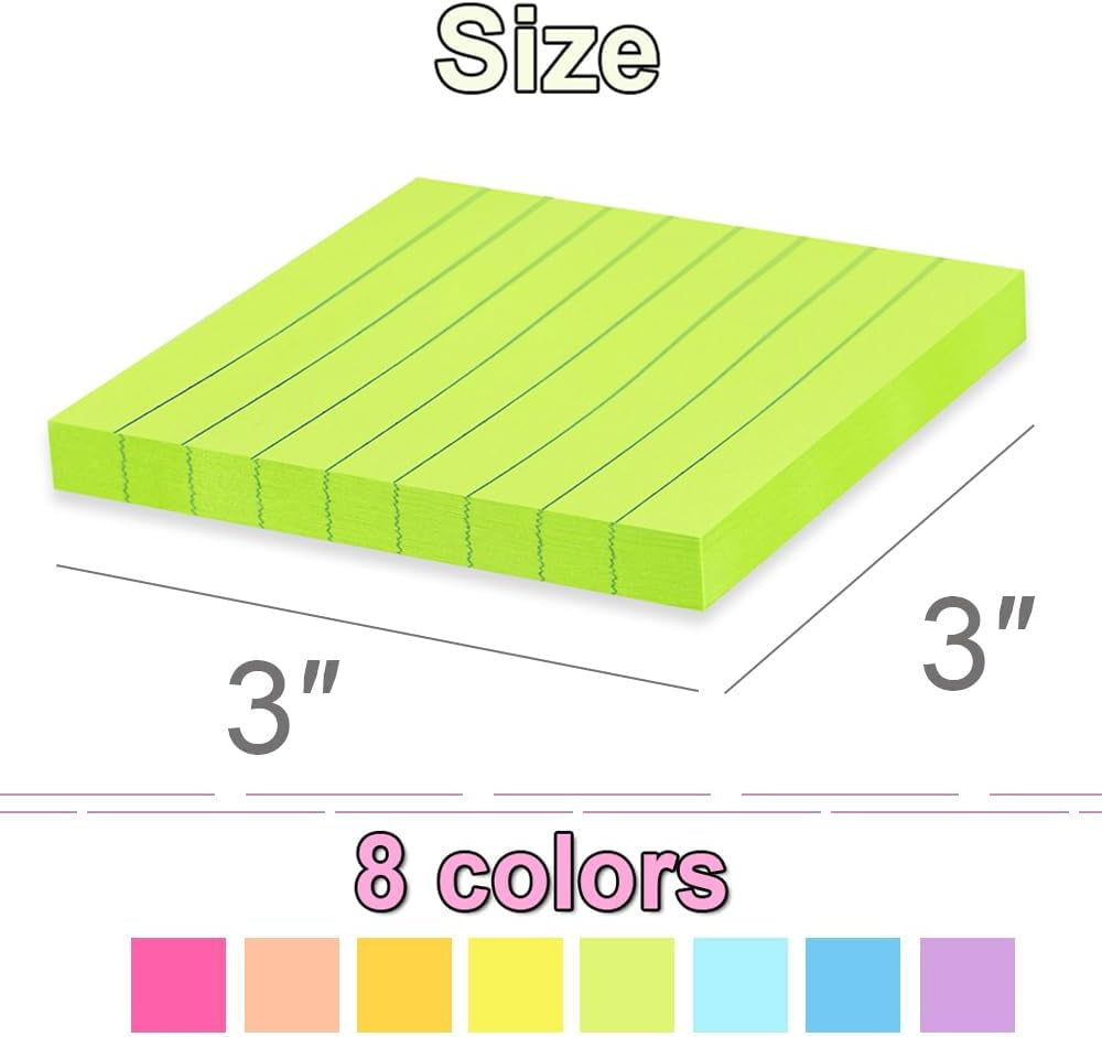 (16 Pack) Lined Sticky Notes 3X3 in Post Ruled Stickies Super Sticking Power Memo Pads Bright Colors