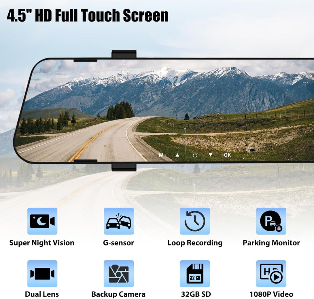 Mirror Dash Cam for Cars,4.5" Rear View Mirror 1080P Front and Rear View Dual Cameras,Super Night Vision,Parking Assistance,G-Sensor,24H Parking Monitor, Waterproof Backup Camera Free 32GB Card