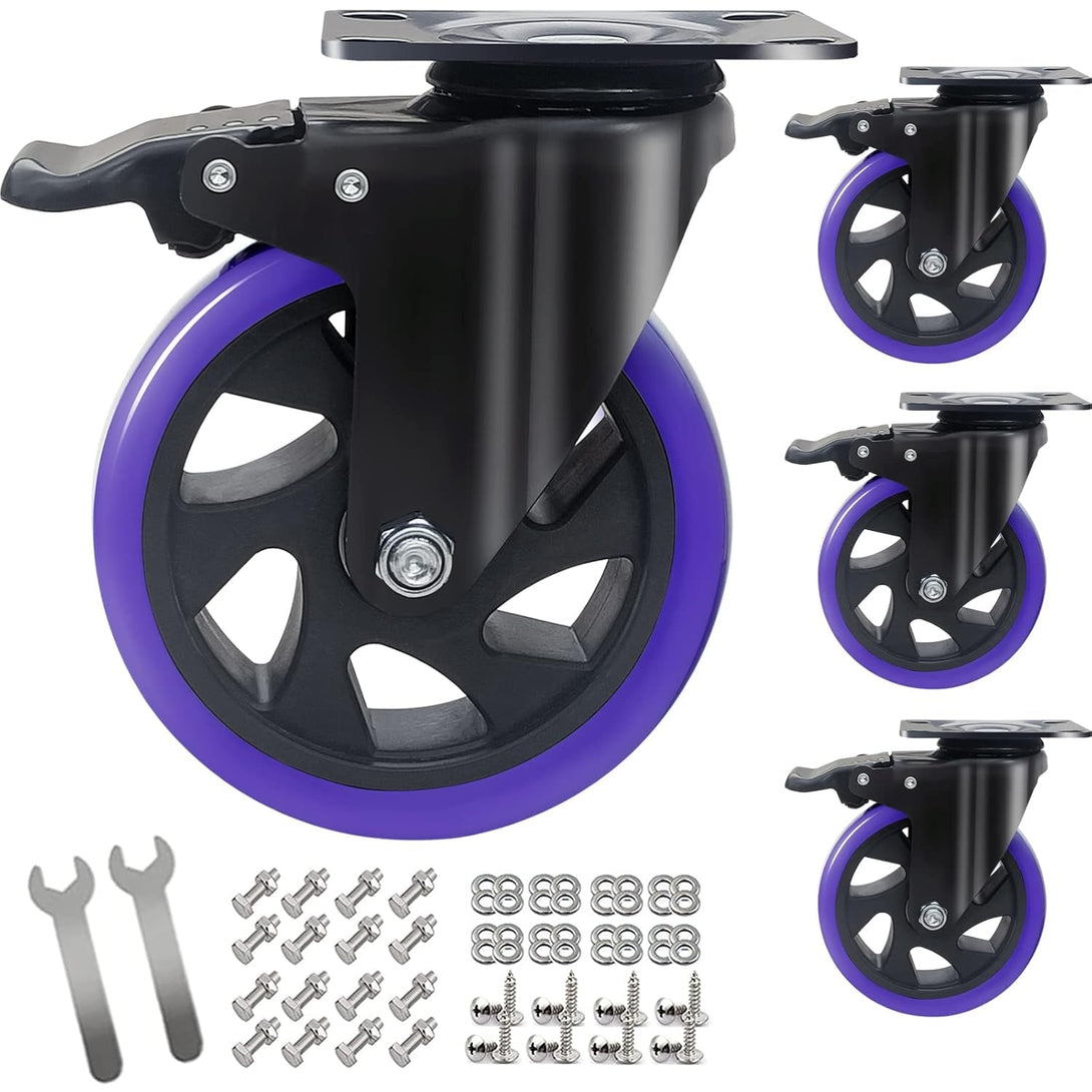 5 Inch Caster Wheels with Brake, Heavy Duty Casters Set of 4 2200Lbs, Swivel Casters with Double Ball Bearings, Dual Locking Casters,Wheels for Cart,Furniture,Cabinets,Workbench (Two Hardware Kits