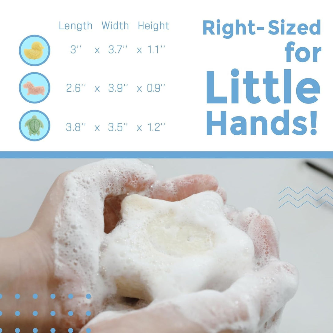 Myhomebody Konjac Baby Sponge for Bathing, Cute Shapes Natural Kids Bath Loofah for Infants, Toddler, Newborns, Safe Plant-Based, 3Pc. Set: Unicorn, Duck, Sea Turtle