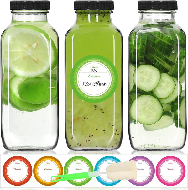 STARSIDE 12 Oz Glass Juice Bottles with Lids,3 Pack Reusable Glass Drink Bottles,360Ml Water Bottles for Milk,Juicing,Kombucha,Ginger,Beverage Glassware,Juice Drinking Jars