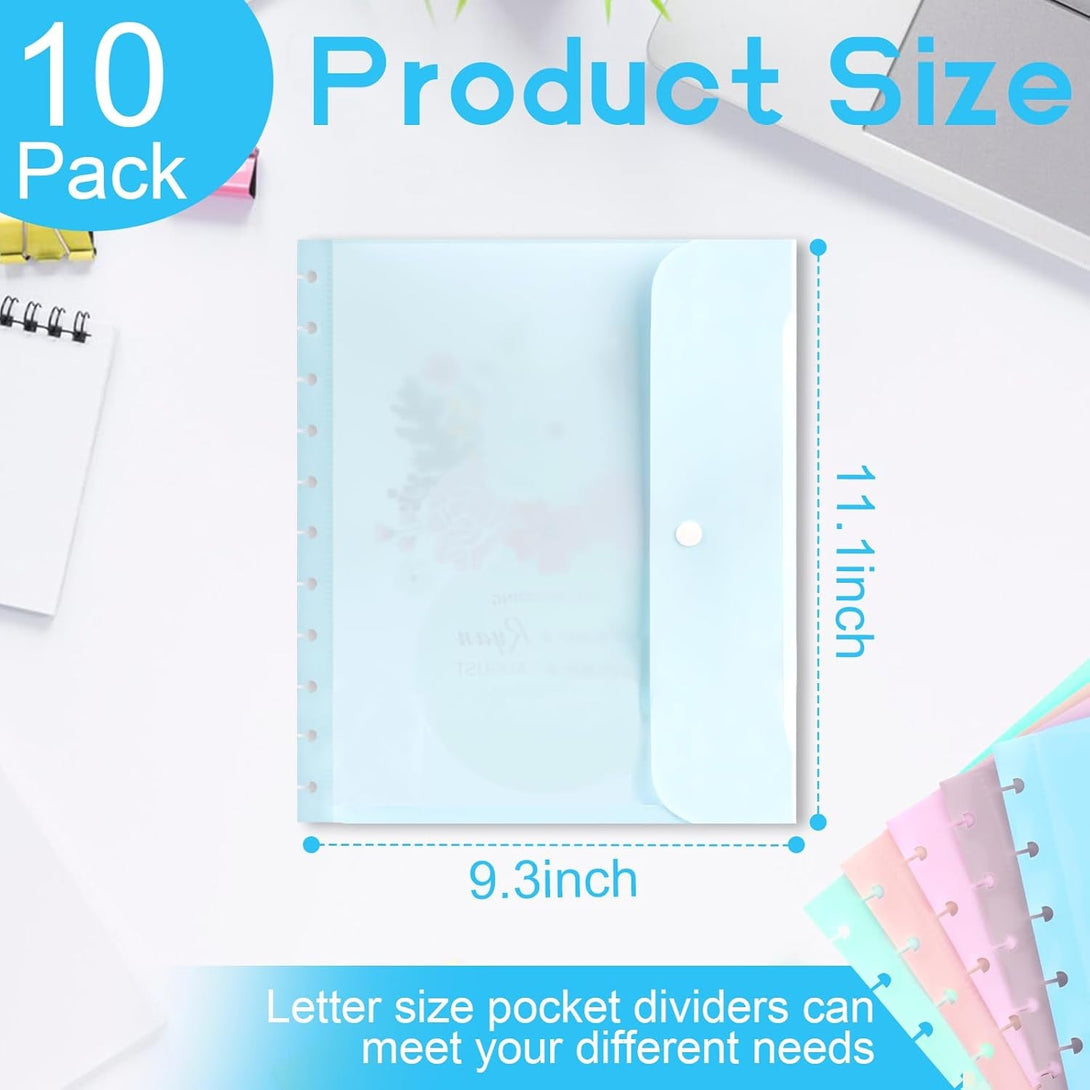 10 Pack Discbound Pocket 8.5 * 11.1 Inch Letter Size Pocket Dividers Discbound Notebook Planner Plastic Envelopes Planner Pocket Inserts for School Office Home Work Organizer