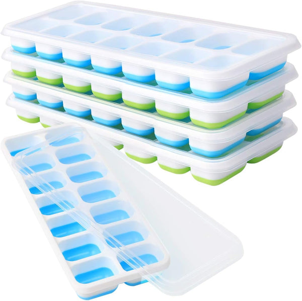 Ice Cube Tray with Lids BPA Free, 4 Pack - 56 Ice Flexible Easy Release Silicone Ice Tray for Freezer Stackable No Spill Ice Tray Dishwasher Safe for Cocktail, Whiskey, Fruit, Blue & Green