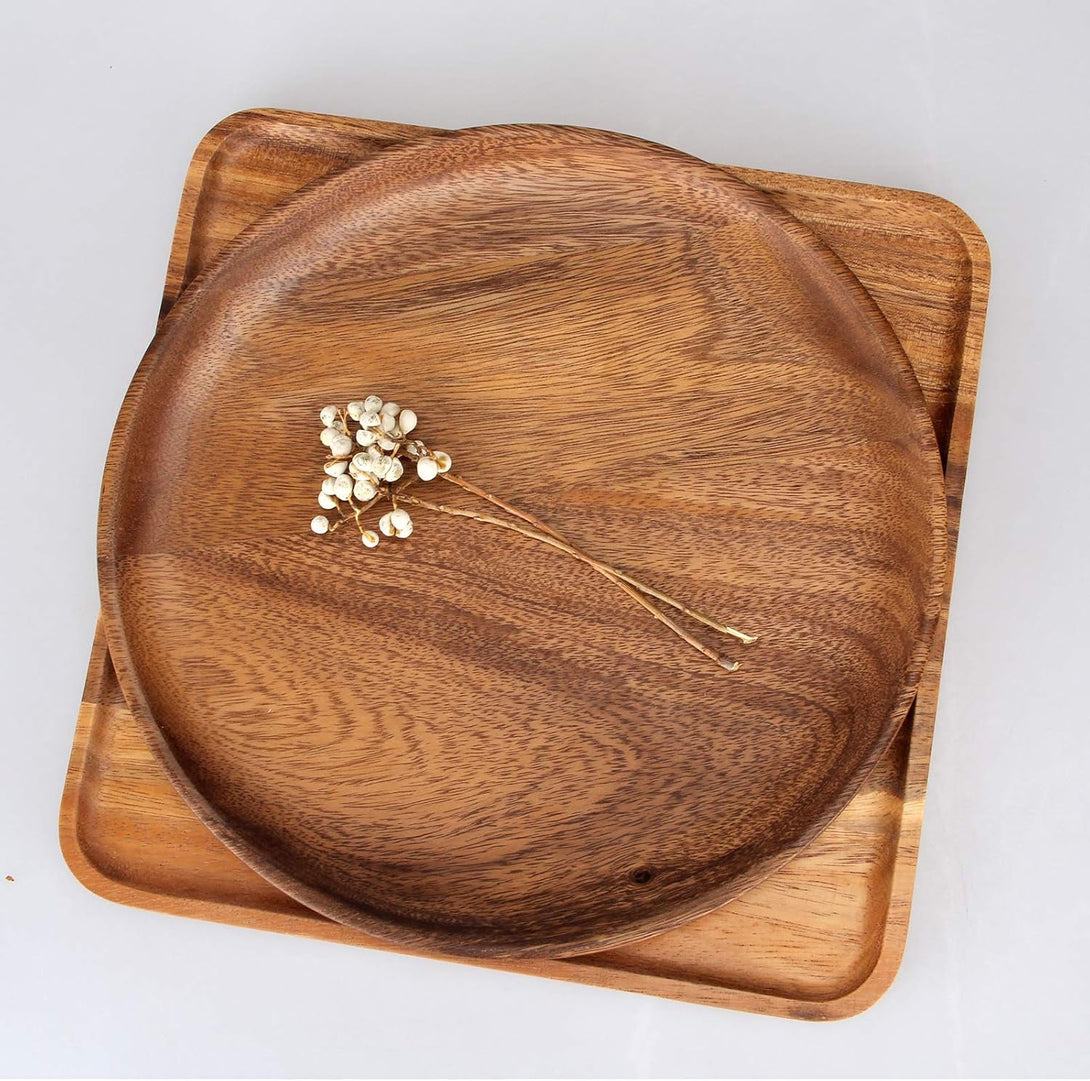 2 Pcs 10 Inch Acacia Wood Dinner Plates for Eating Wooden round Charcuterie Boards Serving Platters for Food Dishes Cheese Tray Dessert Salad Plate Wood Charger Plates
